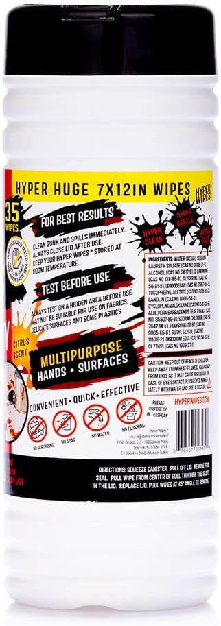 Hyper Wipes, 4 Pack Heavy Duty Hand & Tool Cleaning Wipes, 7"x12" Size Multi-Surface Cleaning Wipes, Degreasing, All Purpose Cleaner, Bathroom, Mechanic, Work Surface Wipes, 140 Count Canister