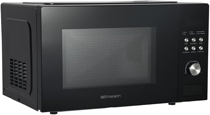 Emerson MW1101B Countertop Microwave Oven with Button Control, LED Display 1000W, 10 Power Levels, 6 Auto Menus, Glass Turntable and Child Safe Lock, 1.1 Cu. Ft., Black