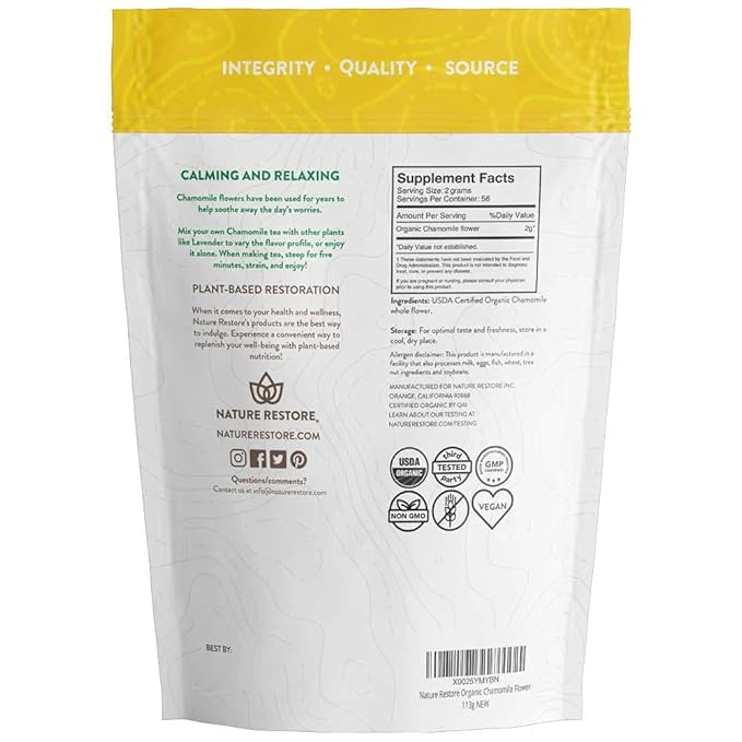 Organic Chamomile Whole Flower, Loose Leaf, Tea Leaves, 4oz (Packaging may vary)