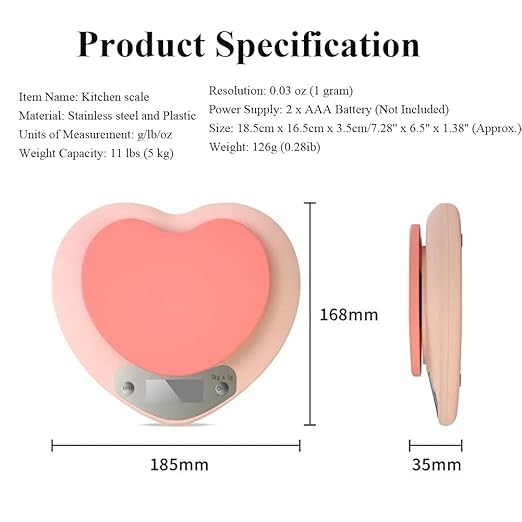 Cute Kitchen Scale, Digital Food Scale with LCD Display, 11 ib (5kg) Capacity, 0.03 oz (1g) Precise Weight Measuring for Baking Cooking (Pink)