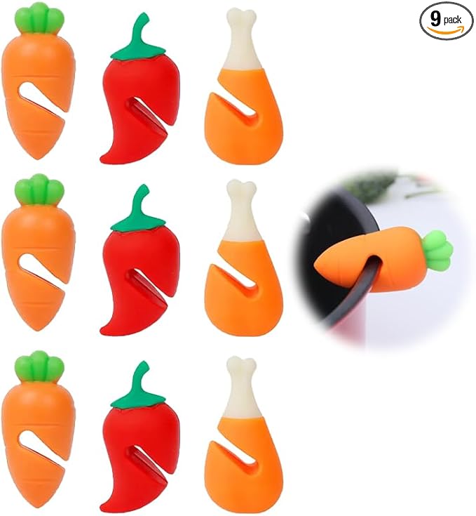 Silicone Pot Lid Lifter Set, Anti-Overflow Spill Stopper Kitchen Gadgets, Carrot Chili Gourd Shapes, Heat-Resistant, Multicolored, 9 Pieces