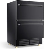 24 Inch Outdoor Refrigerator for Patio with Wheels-Under Counter Dual Drawer Beverage fridge with Stainless Steel Door, Built-In/Freestanding Drink Cooler for Outdoor/Indoor, Weatherproof, Black