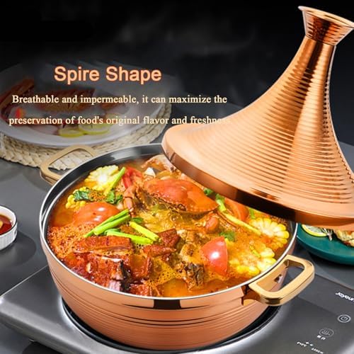 Large Stainless Steel Moroccan Tagine Pot, 30cm Non-Stick Tajine Casserole with Cone Lid & 2 Handles, Elegant Gold Design for Authentic Moroccan Cooking