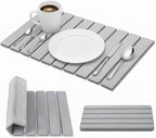 2 PCS Large Stone Dish Drying Mat for Kitchen Counter with Water Absorbing Sink Tray,24x16 Inch Foldable Diatomaceous Earth Dish Mat & 8x4 Inch Stone Coasters Tray,Super Absorbent Quick Dry