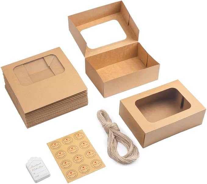 24 Pcs Cookie Boxes with Window for Paper Gift Giving Brown Bakery Gift Boxes 9 x 6.3 x 3 Inch, Easy Estate Holiday Packaging for Cookie, Cupcaked, Donuts & Pastries