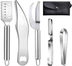 Comfecto 5 Pcs Stainless Steel Fish Scaler Remover Scraper with Sawtooth, Sturdy Ergonomic Fish Skin Graters with Bone Tweezer Dig Out Blade Knife Peeler Bottle Opener and Pouch, Reguler, Silver