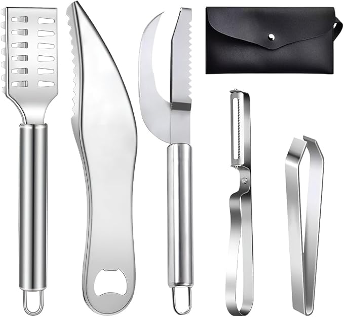 Comfecto 5 Pcs Stainless Steel Fish Scaler Remover Scraper with Sawtooth, Sturdy Ergonomic Fish Skin Graters with Bone Tweezer Dig Out Blade Knife Peeler Bottle Opener and Pouch, Reguler, Silver