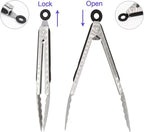 304 Stainless Steel Kitchen Cooking Tongs, 9" and 12" Set of 2 Sturdy Grilling Barbeque Brushed Locking Food Tongs with Ergonomic Grip, Black (Pack of 2)