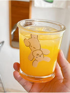 Set of 2 12 OZ French Drinking Glasses Clear Glass Coffee Cup Cute Bear Dog Glass Cups for Iced Tea,Juice,Coffee,Milk,Latte,Dessert,Stackable Glassware Drinkware Set