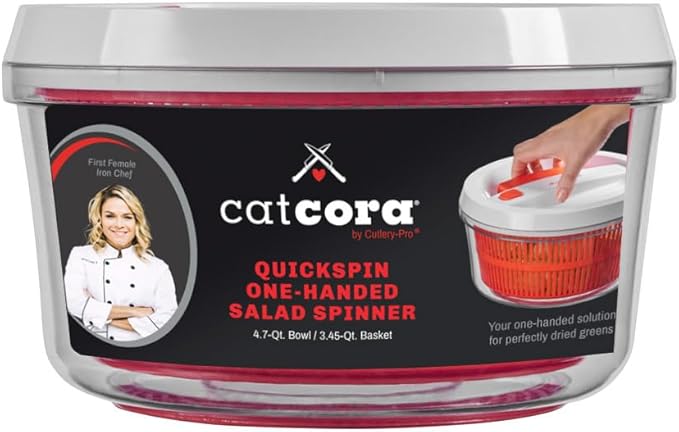 CatCora Quickspin One-Handed Salad Spinner, Accelerated Pump-Action With Built-In Break For Perfectly Dried Salad Greens, Ergonomic Single-Hand Design