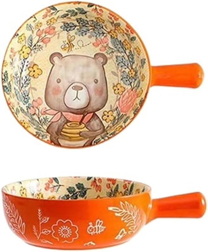 Ceramic Baking Pan, Forest Animals Pattern Tableware With Handle Salad Bowl Au Gratin Dish(Bear round)