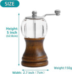 Salt and Pepper Grinder Set Manual Pepper Mill Acrylic Hand Crank Salt & Peppercorn Grinder Rustic Wooden Pepper Shaker with Adjustable Coarseness Ceramic Core (Walnut 1pcs-5in)