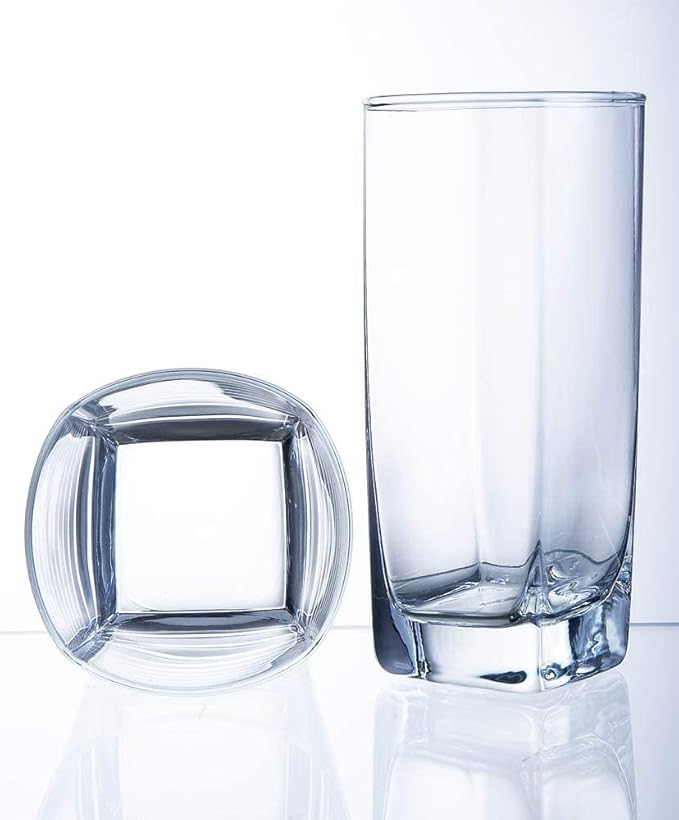 Le'raze Collins Everyday Drinking Glasses Set of 16 Drinkware Kitchen Glasses for Cocktail, Iced Coffee, Beer, Ice Tea, Wine, Whiskey, Water, 8 Tall Highball Glass Cups & 8 Short Old Fashioned.