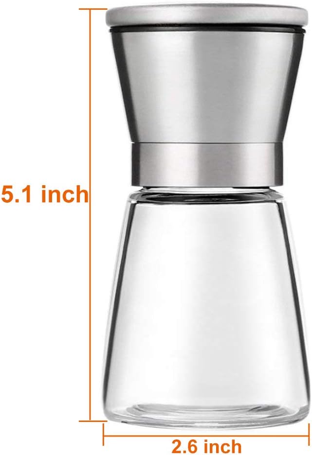 Salt and Pepper Grinder Short Size - Black Pepper,Herb Shakers Mill Refillable Manual - Stainless Steel Lid - Adjustable Coarseness - Glass Material- Fits in Home,Kitchen,Barbecue