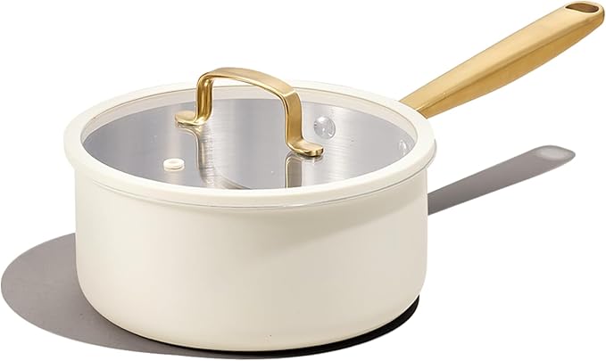 CAROTE 2Qt Stainless Steel Saucepan, Non-Toxic Cookware with Lids,Outer Ceramic Layer,Small Cooking Pot, Even Heating, Fits All Stoves,Oven & Dishwasher Safe,White