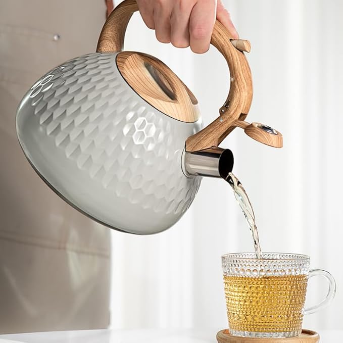 Tea Kettle, 2.7 Quart with Wood Pattern Handle Loud Whistle Food Grade Stainless Steel Teapot, Anti-Hot Handle and Anti-Rust, Suitable for All Heat Sources