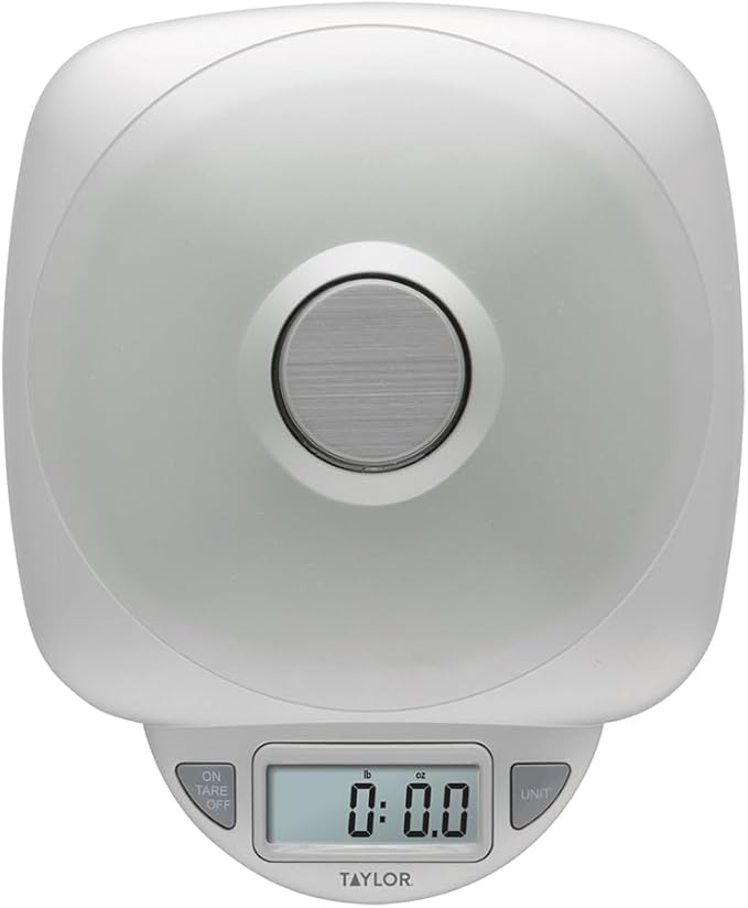 Taylor 11LB Capacity Digital Glass Top Kitchen Scale with LCD Display, Weight in Grams and Ounces for Baking, Cooking, and Meal Prep, Silver