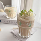 Set of 2 Floral Drinking Glasses Flower Glass Coffee Cups Cute Lily of the Valley Glass Cups for Juice,Iced Coffee,Milk,Tea,Dessert,Latte,Stackable Flower Glassware Drinkware Set(green)