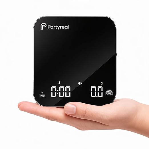Partyreal Digital Kitchen Coffee Scale, Slim Food Scale with Tare and g/oz/ml Units, Backlit Display, USB-C Rechargeable with AAA Backup, 3kg, Black