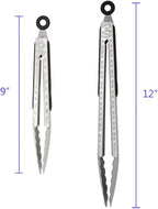 304 Stainless Steel Kitchen Cooking Tongs, 9" and 12" Set of 2 Sturdy Grilling Barbeque Brushed Locking Food Tongs with Ergonomic Grip, Black (Pack of 2)