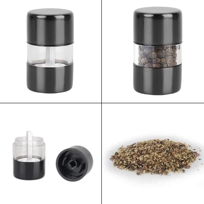 T-mark Premium Sea Salt and Pepper Grinder Set - Spice Mill with Brushed Stainless Steel, Small Portable Ceramic Salt & Pepper Shakers (2-Pack) (Black)