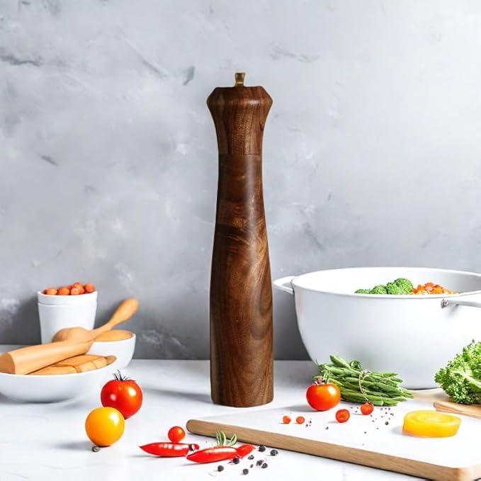 Wooden Salt and Pepper Grinder Set,Manual Salt and Pepper Mill,Acacia wood Salt Grinder Refillable,Pepper Mill with Adjustable Coarseness,Salt and Pepper Shakers Tableware Gifts 10" 2PCS