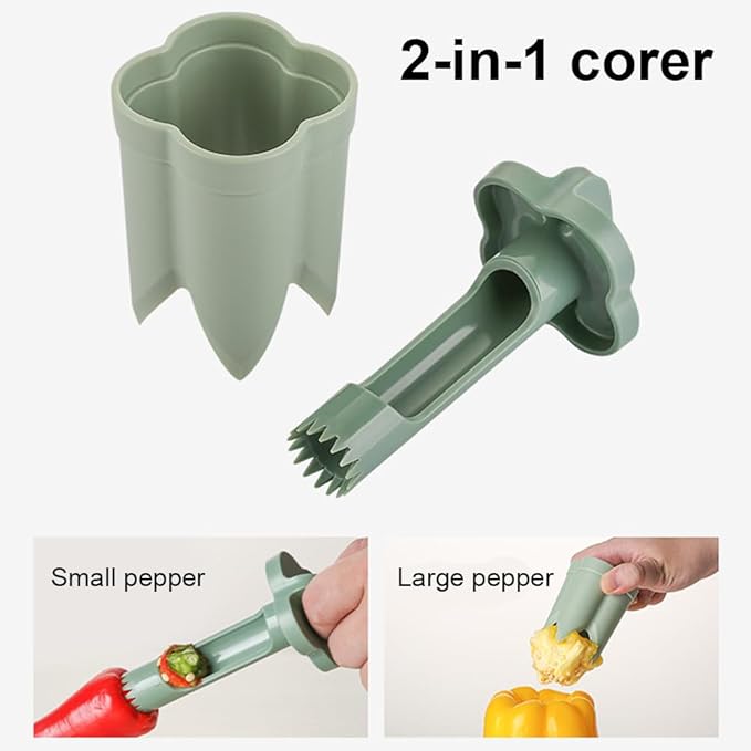 Pepper Corer Remover,2 in 1 Fruit and Vegetable Core Tool Quickly Cutting Remove Pepper Cutter for Kitchen Family Camping BBQ(COLOR:Green)