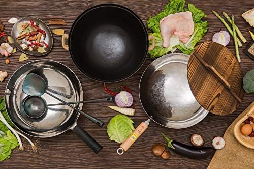 臻三环 ZhenSanHuan Chinese Hand Hammered Iron Woks and Stir Fry Pans, Non-stick, No Coating, Carbon Steel Pow (36CM, Silver - Not Seasoned)