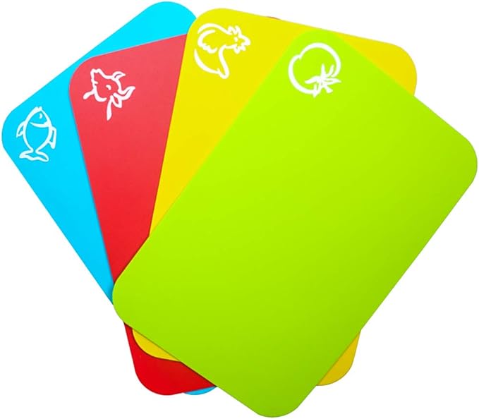 Small Flexible Plastic Cutting Board Mats, Cutting Boards Mats With Food Icons, Gripped Back and Dishwasher Safe, Set of 4 (7.5x11.4inch)