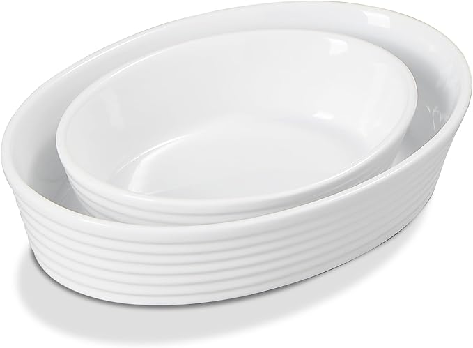 ONEMORE 2 Piece Ceramic Oval Baking Dish Set, 10.5/7.7 Inch Baking Dish Set, Porcelain Oval Au Gratin Pans for Pumpkin Pie, Apple Crisp, Pot Pies & Tarts, Microwave & Dishwasher Safe