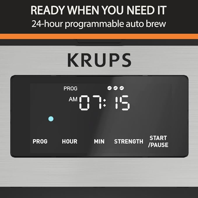 KRUPS Simply Brew: Stainless Steel and Glass Carafe 12 Cup Drip Coffee Maker, Programmable with Digital Display, Dishwasher Safe, Drip Free Coffee Machine, Black and Silver
