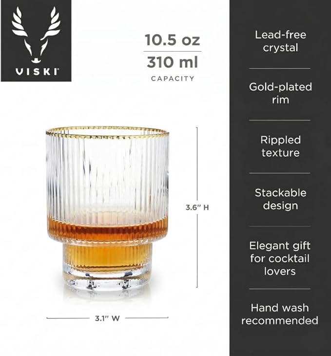 Viski Meridian Lowball Glasses Set of 2 - Premium Crystal Clear Vintage Drinking Tumblers for Whiskey, Scotch & Bourbon in Art Deco Ripple Glassware Design, Gold Rimmed Glassware Gift Set, 10.5 oz