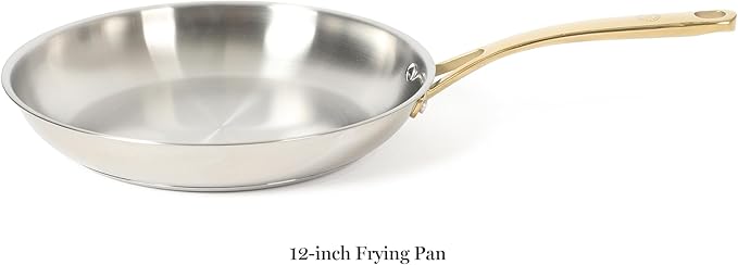 Martha Stewart Castelle 12-Inch Stainless Steel Frying Pan with Gold-Tone Handle – Tri-Ply Encapsulated Bottom, Oven Safe & Induction Safe Skillet for Searing and Sautéing