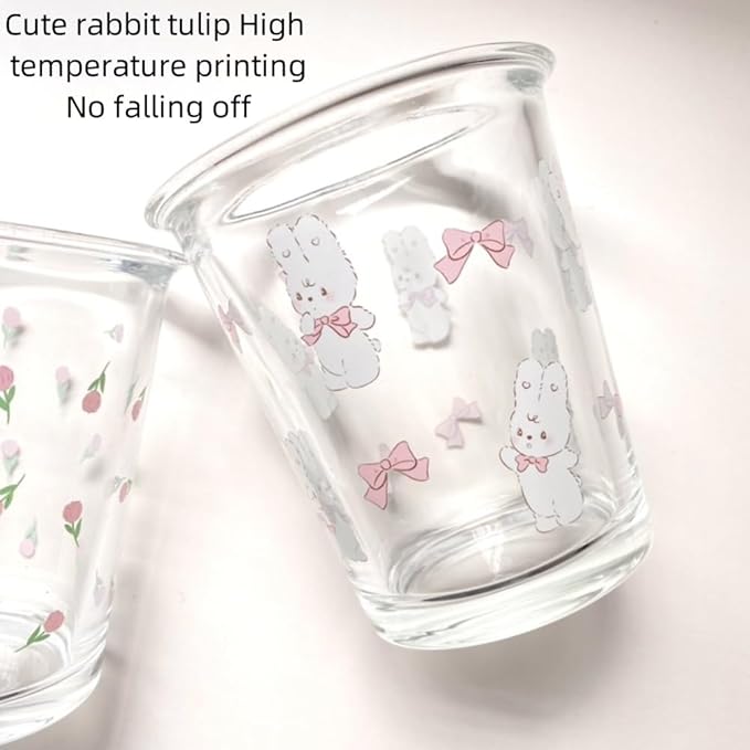 Set of 2 12 OZ French Drinking Glasses Floral Glass Coffee Cup Cute Tulip Rabbit Glass Cups for Iced Tea,Juice,Coffee,Latte,Milk,Dessert,Stackable Glassware Drinkware Set