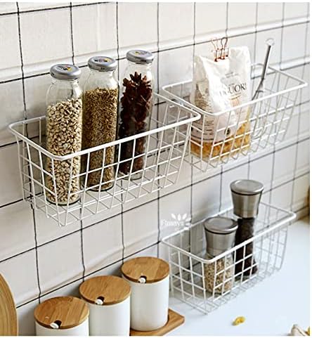 Hanging Kitchen Baskets Adhesive Sturdy Wire Storage Baskets with Kitchen Food Pantry Bathroom Shelf Storage No Drilling Wall Mounted,White,2 Pack