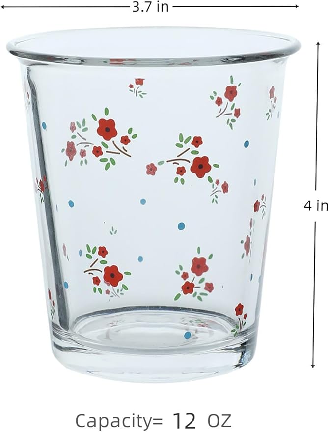Set of 2 12 OZ French Floral Drinking Glasses Flower Glass Coffee Cup Cute Glass Cups for Iced Coffee,Tea,Juice,Latte,Milk,Dessert,Stackable Glassware Drinkware Set(red yellow)
