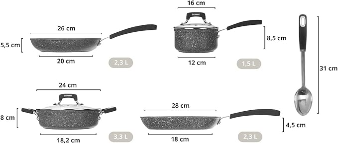 KASANOVA New Petra Dark 7-Pcs Cookware set Nonstick, Induction ready, Aluminum cookware set with glass lids, Frying Pans & Casseroles, PFOA free, with kitchen turner
