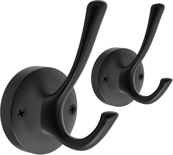 Black Towel Hooks, 2 Pack Coat Robe Hook Heavy Duty Metal Double Bathrobe Hook Wall Mounted, Hand Towels Hooks for Cubicle Bathroom Kitchen Closet Garage
