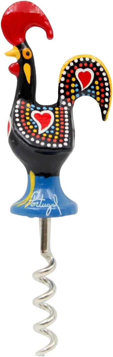 Traditional Hand-Painted Portuguese Rooster Corkscrew - Metal Good Luck Wine Bottle Opener, Decorative Bar Tool (Black)