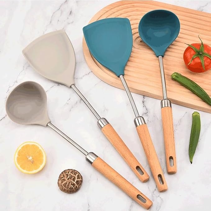 Food Grade Silicone Kitchenware Spatula Wooden Handle Set Kitchen Cooking Tools(E)