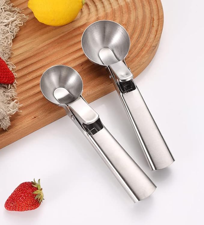 Ice Cream Scoop, 2Pcs Stainless Steel Silver Cookie Scoop with Trigger Melon Baller Scooper Cones, Specialty Tools and Gadgets, Ice Cream Spoon Food Scoop for Frozen Yogurt Sundaes Fruit Cookie