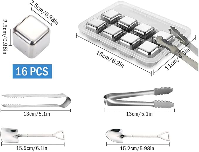 16-Piece Stainless Steel Ice Cubes, Whiskey Stones, Reusable Wine Stones, Silver, Drink Accessory, Bar Tool Set