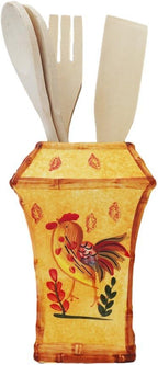 ACK Bamboo Rooster Hand Painted Ceramic Utensil Jar With Wooden Tool, Utensil Holder, Utensil Crock, Modern Kitchen Decor, Kitchen Storage for for Spoon, Ladle, Spatula and More