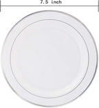 WELLIFE 144 Pieces Silver Plastic Dessert Plates, 7.5 inch Disposable Salad Plates, Premium White Appetizer Plates with Silver Rim, Ideal for Party, Wedding