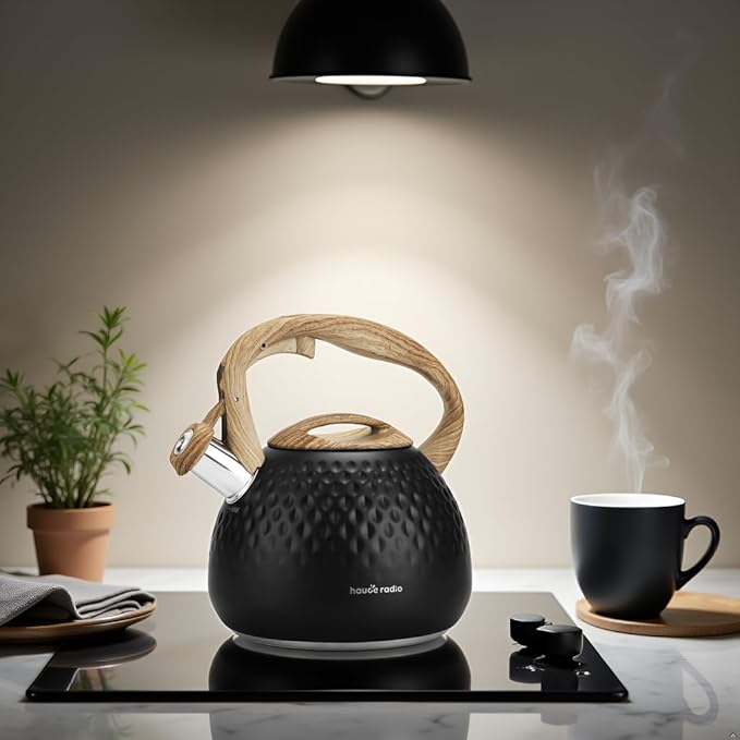 Hauce Radio Tea Kettle Stovetop,2.5QT Stainless Steel Whistling Teapot for Stove Top Aesthetic,Portable Water Kettles Camping with Anti-hot Silicone Handle,Suitable for All Heat Sources,Black