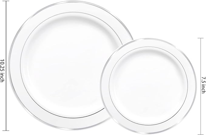 I00000 60pcs Silver Plastic Plates, Disposable Plastic Party Plates with White Silver Rim Heavy Duty Fancy Wedding Party Plates Include 30 Dinner Plates 10.25" and 30 Dessert Appetizer Plates 7.5"