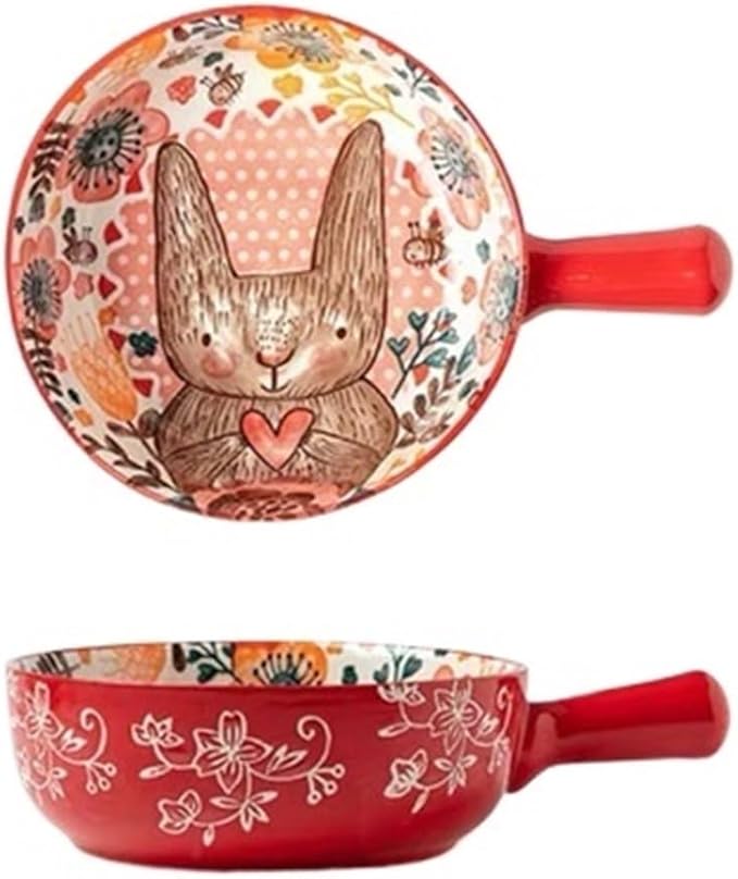 Ceramic Baking Pan, Forest Animals Pattern Tableware With Handle Salad Bowl Au Gratin Dish(Rabbit A round)