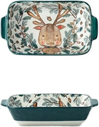Ceramic Baking Pan, Forest Animals Pattern Tableware With Handle Salad Bowl Au Gratin Dish(Deer rectangular)