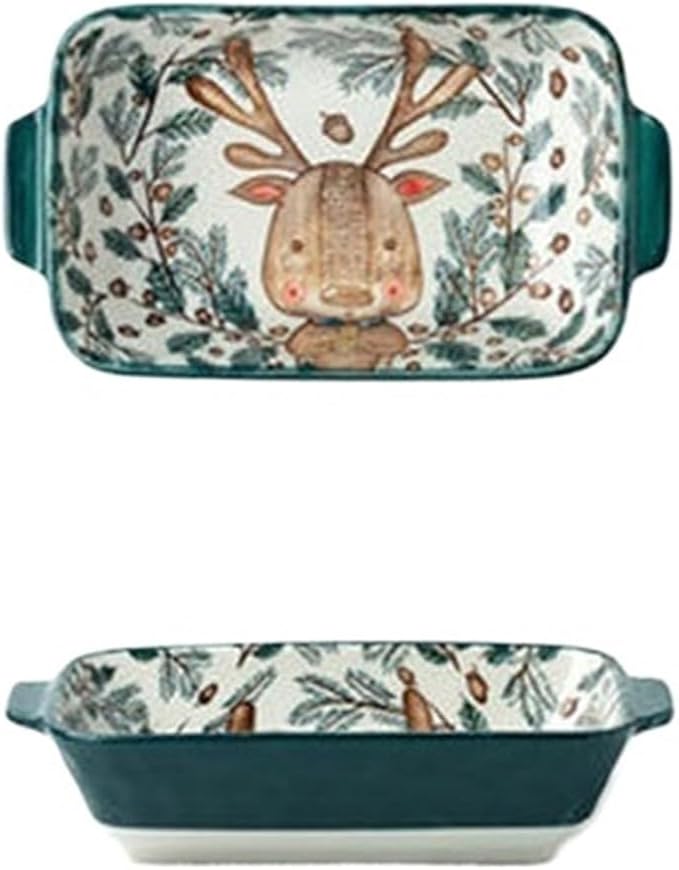 Ceramic Baking Pan, Forest Animals Pattern Tableware With Handle Salad Bowl Au Gratin Dish(Deer rectangular)