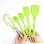 TOYANDONA 5pcs Silicone Baking Utensil Set Non-stick Kitchen Cooking Tools Heat Resistant Green Household Kitchenware with Stainless Steel Handles for Mixing and Scraping